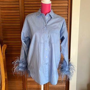 J Crew collection feather trimmed button down blue size 4 NWT